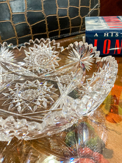 Vintage 1940s Brilliant Cut Clear Scalloped Edge Low Profile Glass Bowl