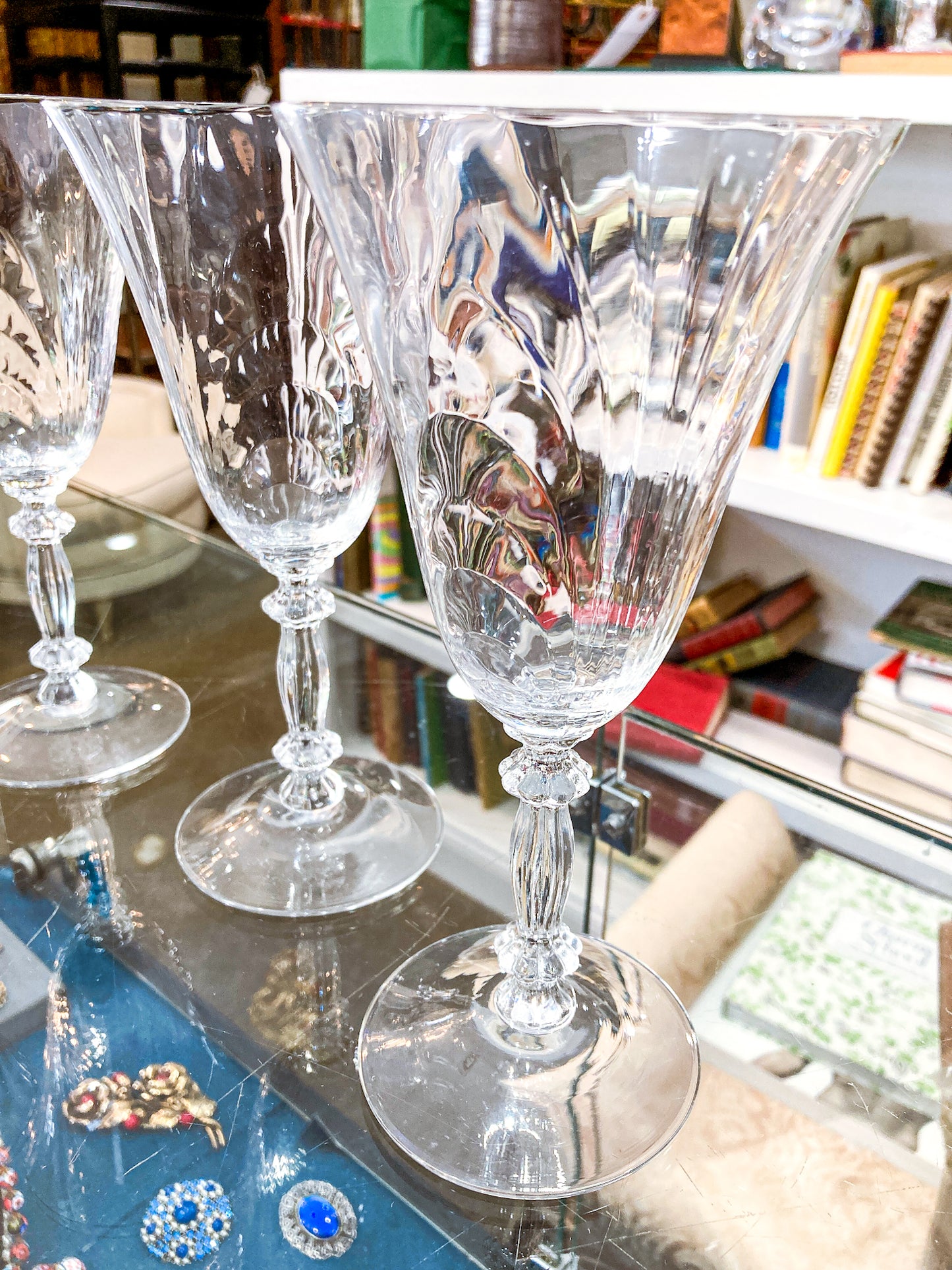 Set of Six Vintage 1940s Caprice Pattern Cambridge Clear Glass Water Goblets