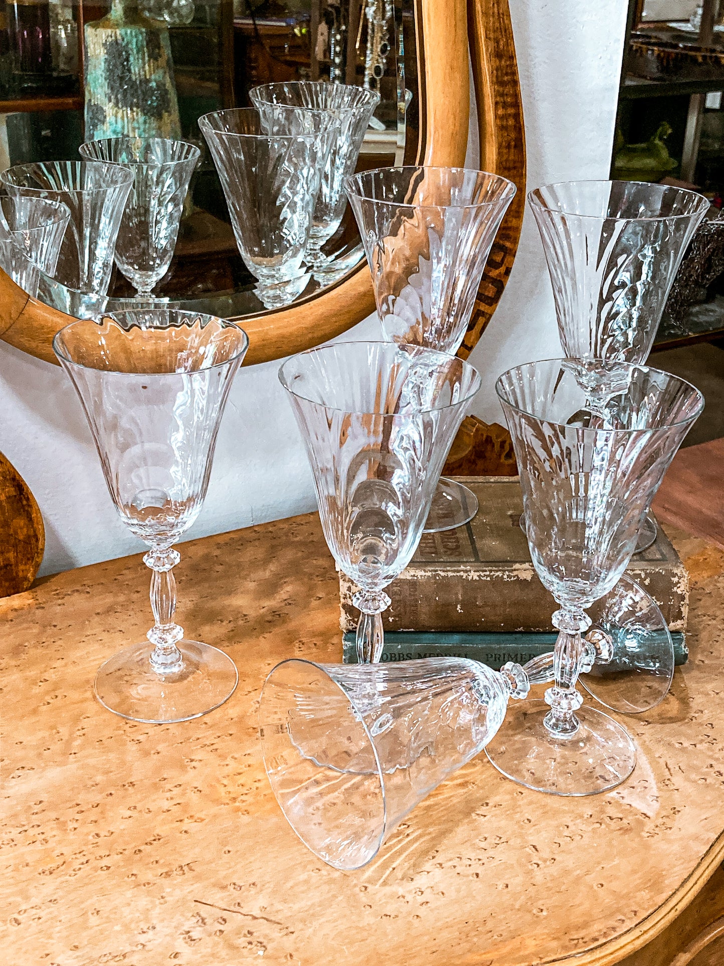 Set of Six Vintage 1940s Caprice Pattern Cambridge Clear Glass Water Goblets