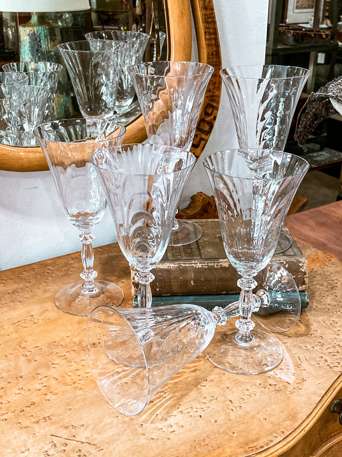 Set of Six Vintage 1940s Caprice Pattern Cambridge Clear Glass Water Goblets