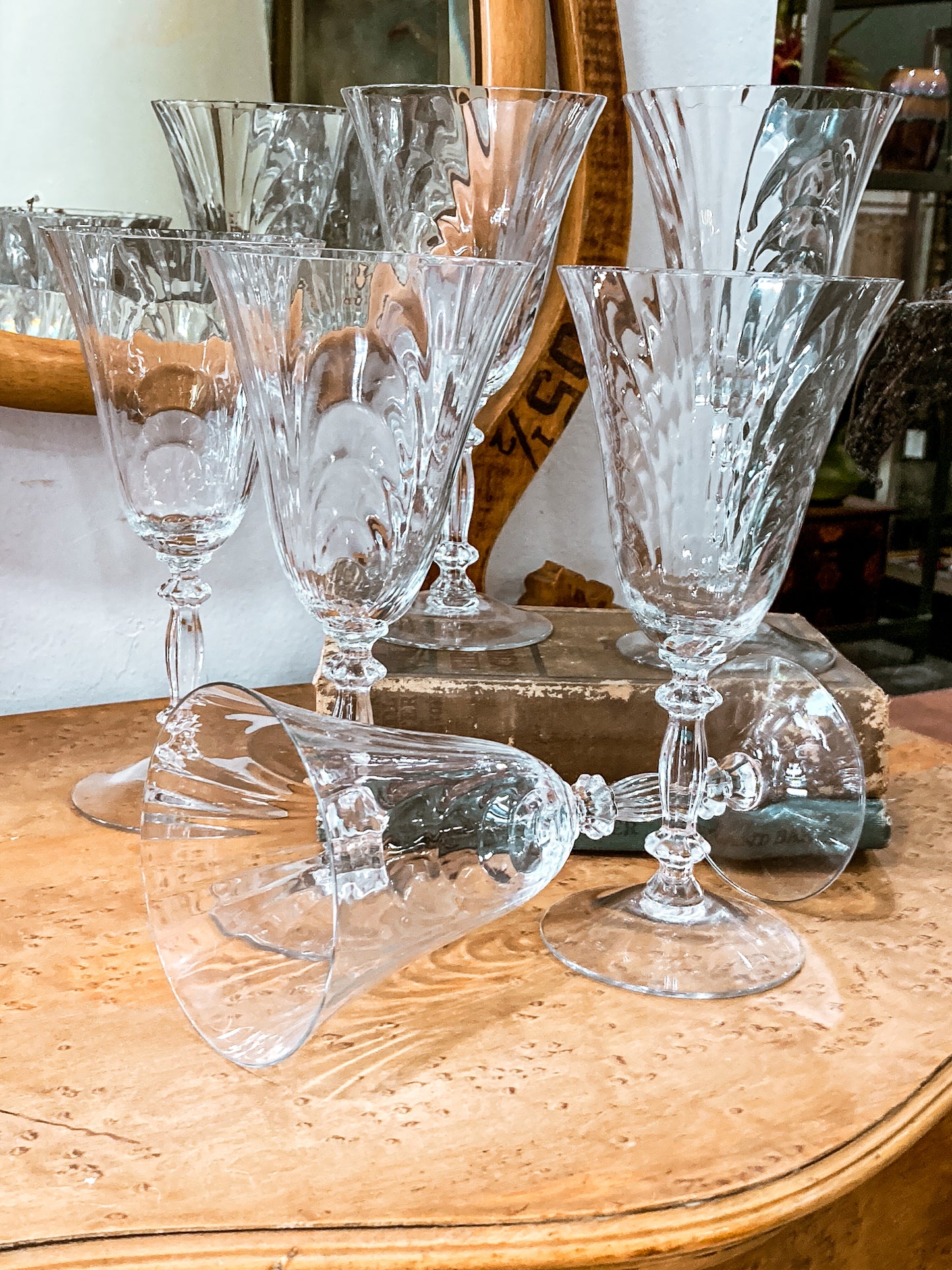 Set of Six Vintage 1940s Caprice Pattern Cambridge Clear Glass Water Goblets