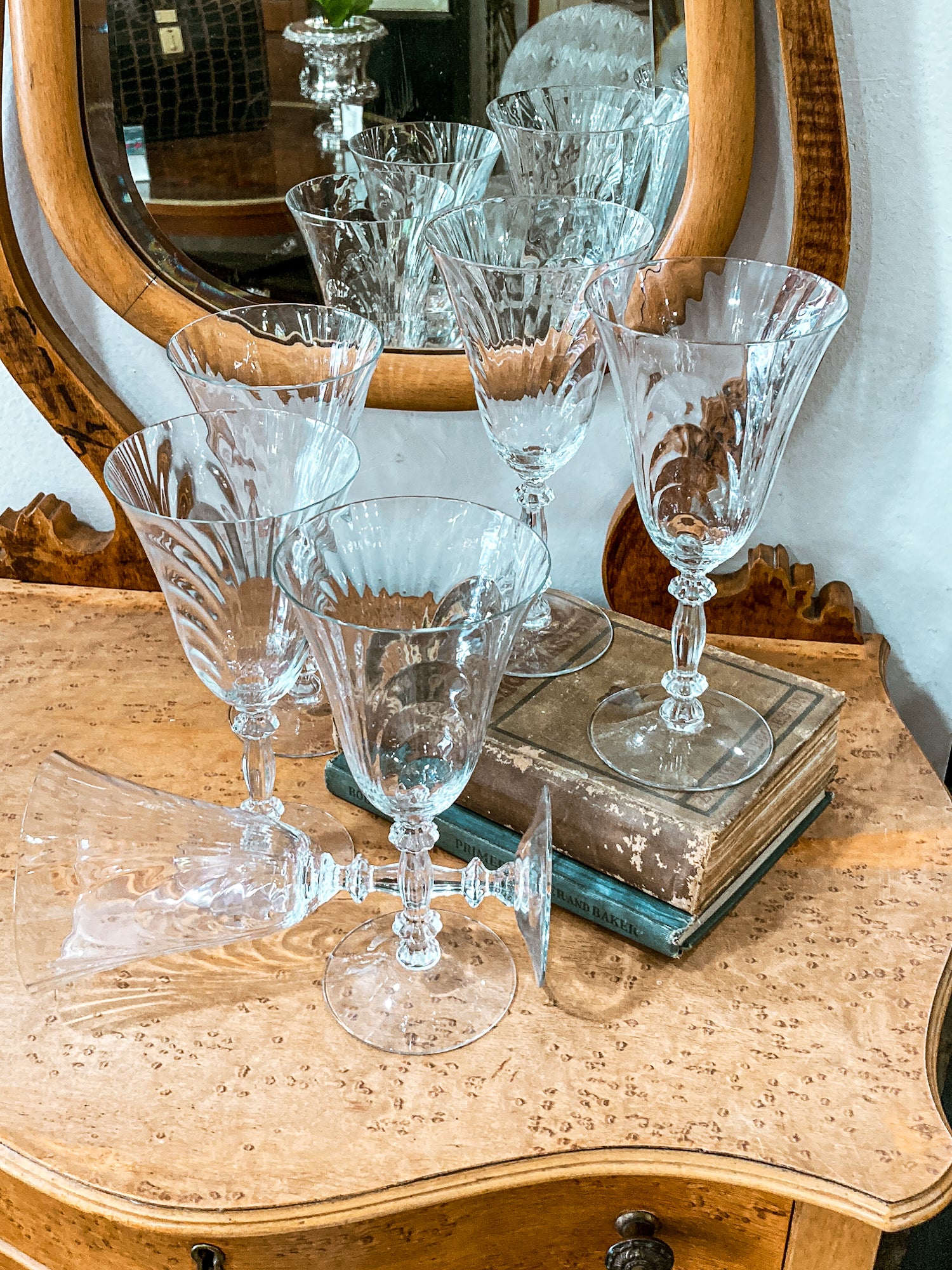 Set of Six Vintage 1940s Caprice Pattern Cambridge Clear Glass Water Goblets