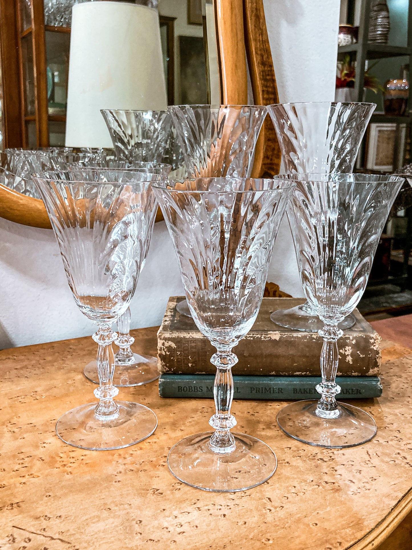 Set of Six Vintage 1940s Caprice Pattern Cambridge Clear Glass Water Goblets