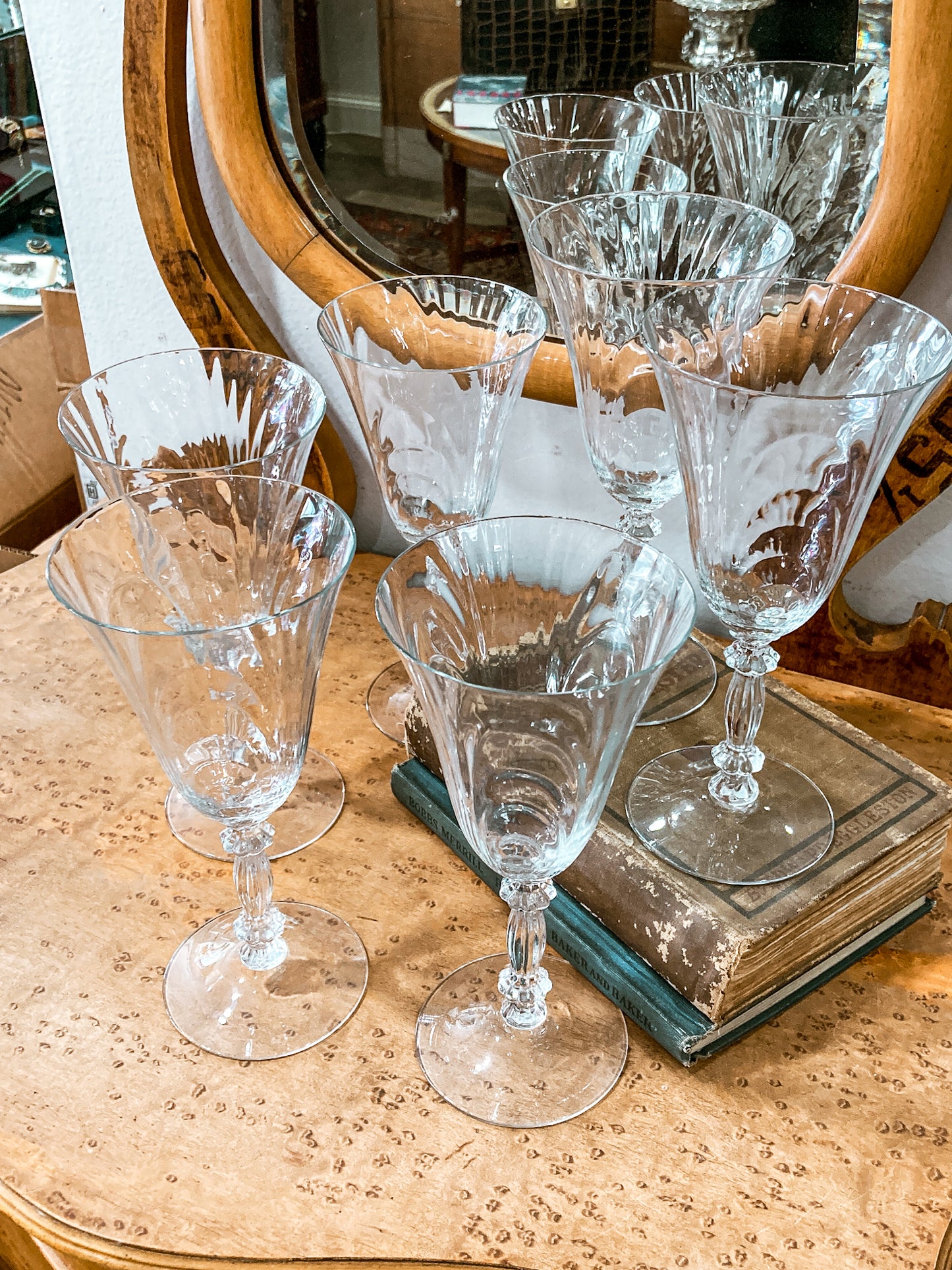 Set of Six Vintage 1940s Caprice Pattern Cambridge Clear Glass Water Goblets