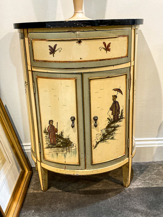 Vintage 1940s Green Yellow Black Top Japaned Demilune Chest Cabinet
