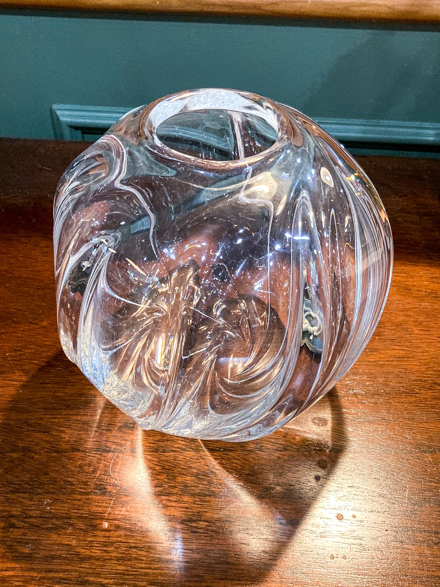 Vintage 1940s Libbey Clear Glass Rose Spherical Swirl Bowl Vase