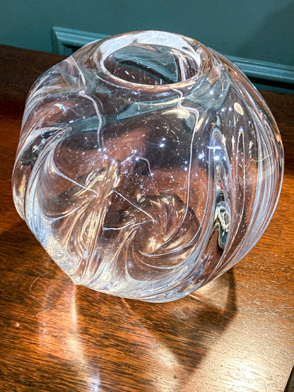 Vintage 1940s Libbey Clear Glass Rose Spherical Swirl Bowl Vase