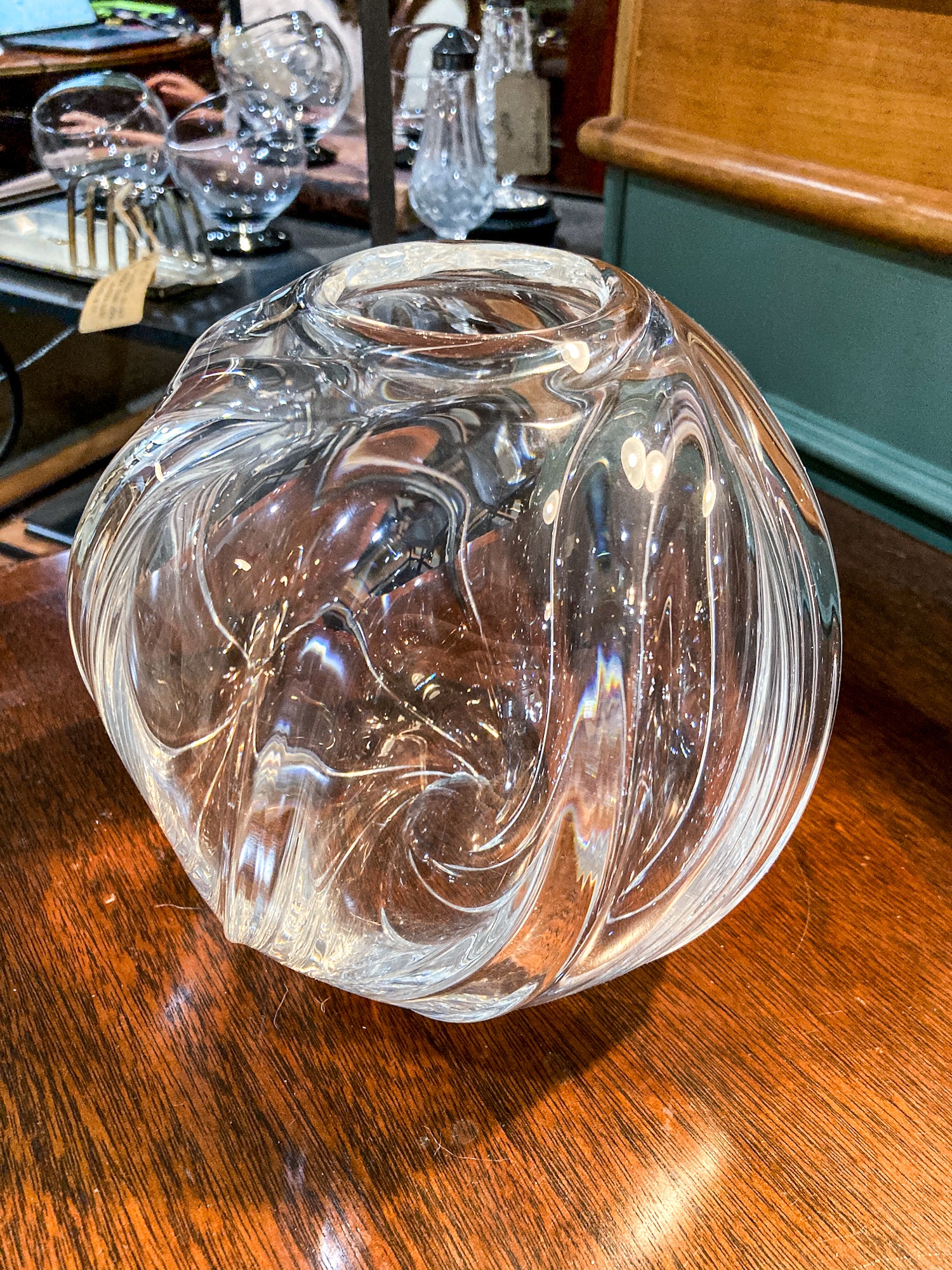 Vintage 1940s Libbey Clear Glass Rose Spherical Swirl Bowl Vase