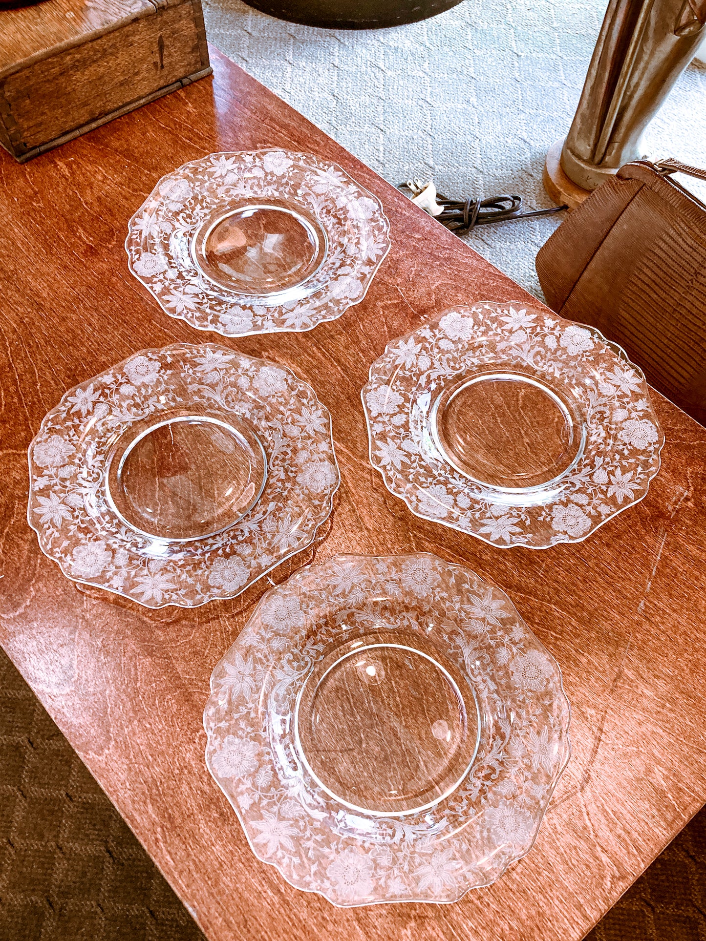 Vintage 1940s Set of Four Cambridge Wildflowers Clear Etched Glass Salad Plates
