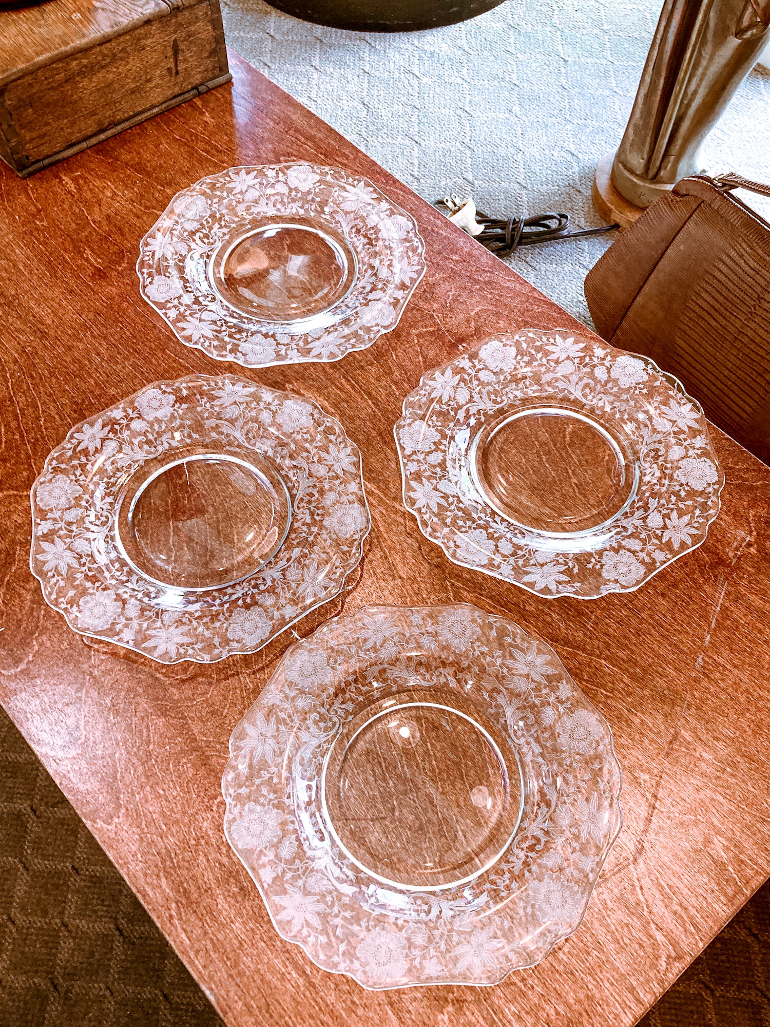 Vintage 1940s Set of Four Cambridge Wildflowers Clear Etched Glass Salad Plates