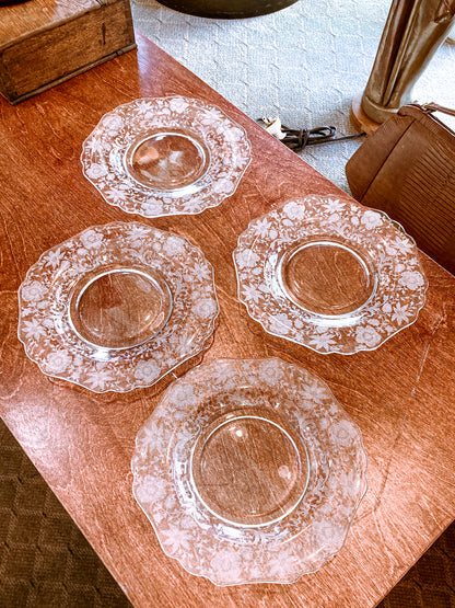 Vintage 1940s Set of Four Cambridge Wildflowers Clear Etched Glass Salad Plates