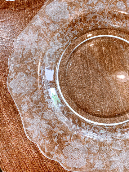 Vintage 1940s Set of Four Cambridge Wildflowers Clear Etched Glass Salad Plates