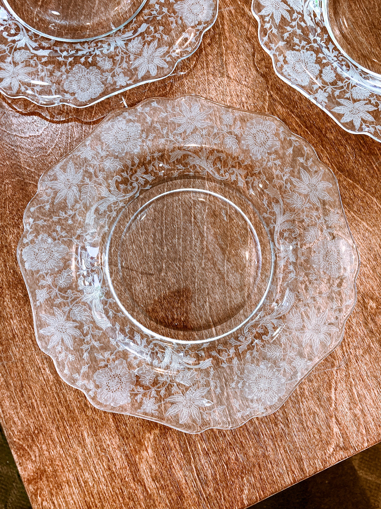 Vintage 1940s Set of Four Cambridge Wildflowers Clear Etched Glass Salad Plates