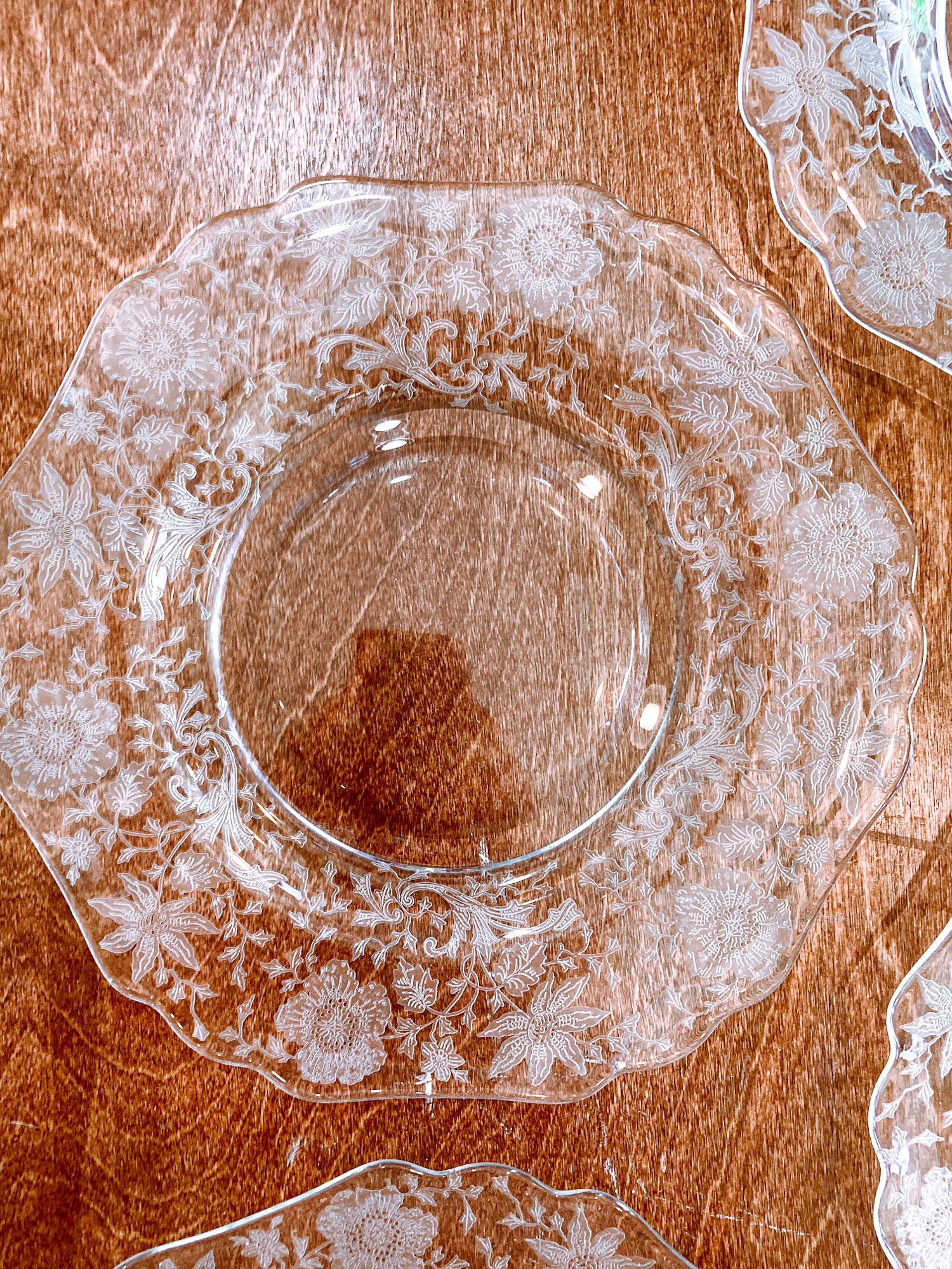 Vintage 1940s Set of Four Cambridge Wildflowers Clear Etched Glass Salad Plates