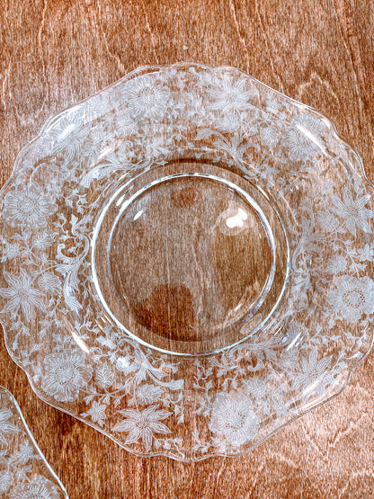 Vintage 1940s Set of Four Cambridge Wildflowers Clear Etched Glass Salad Plates