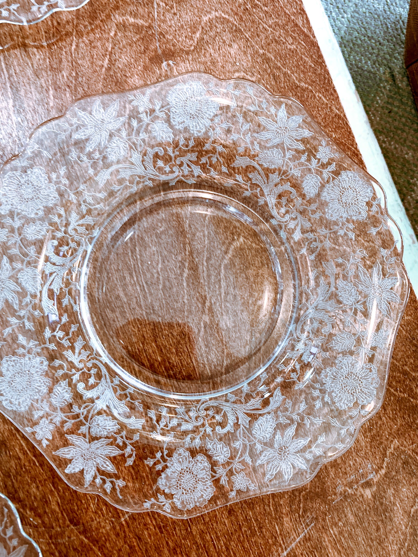 Vintage 1940s Set of Four Cambridge Wildflowers Clear Etched Glass Salad Plates
