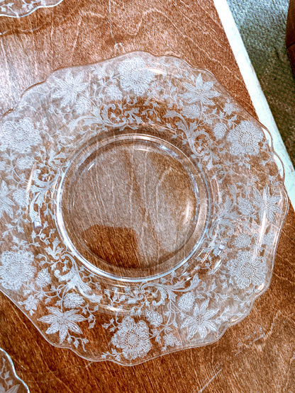 Vintage 1940s Set of Four Cambridge Wildflowers Clear Etched Glass Salad Plates