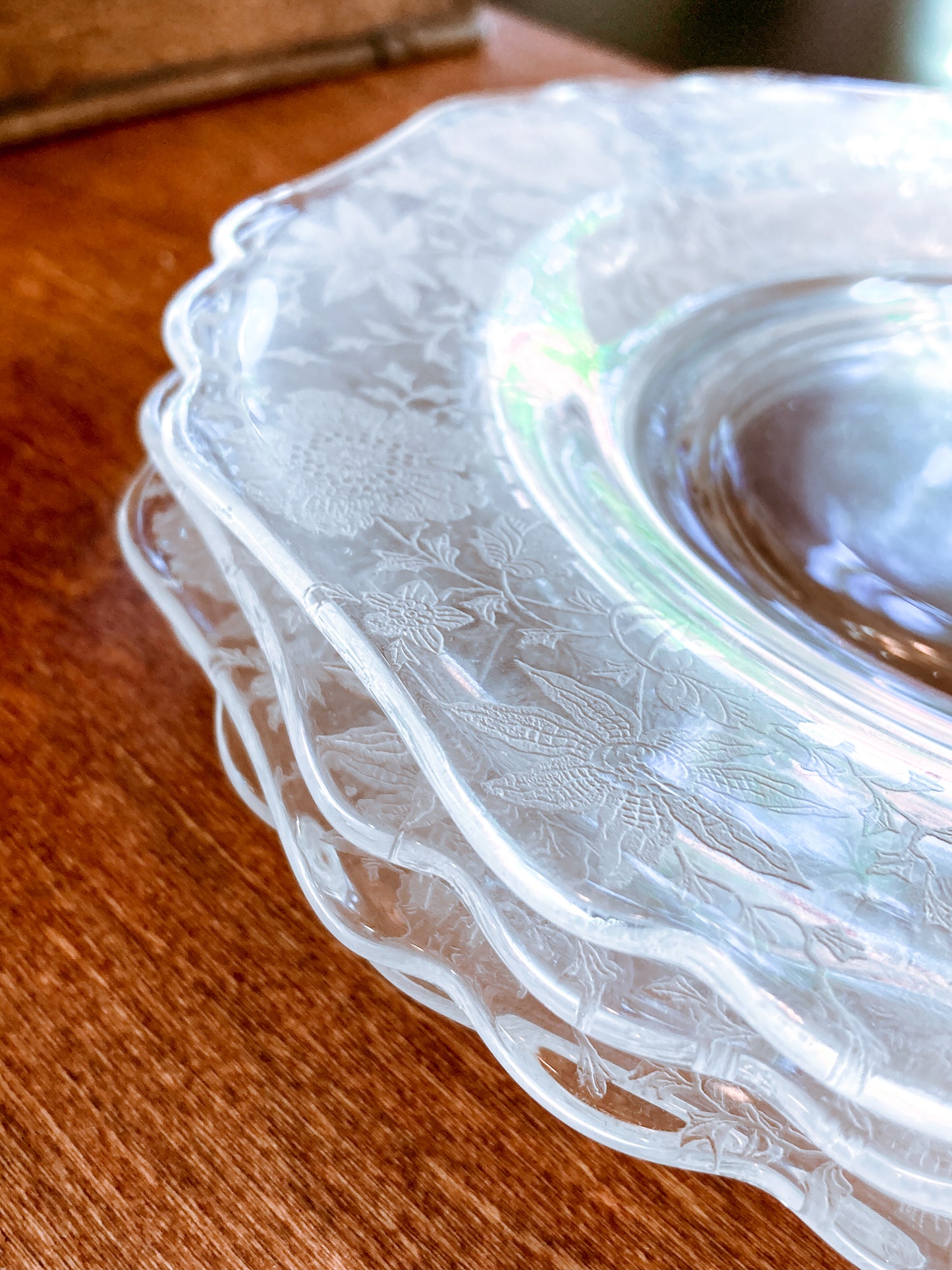 Vintage 1940s Set of Four Cambridge Wildflowers Clear Etched Glass Salad Plates