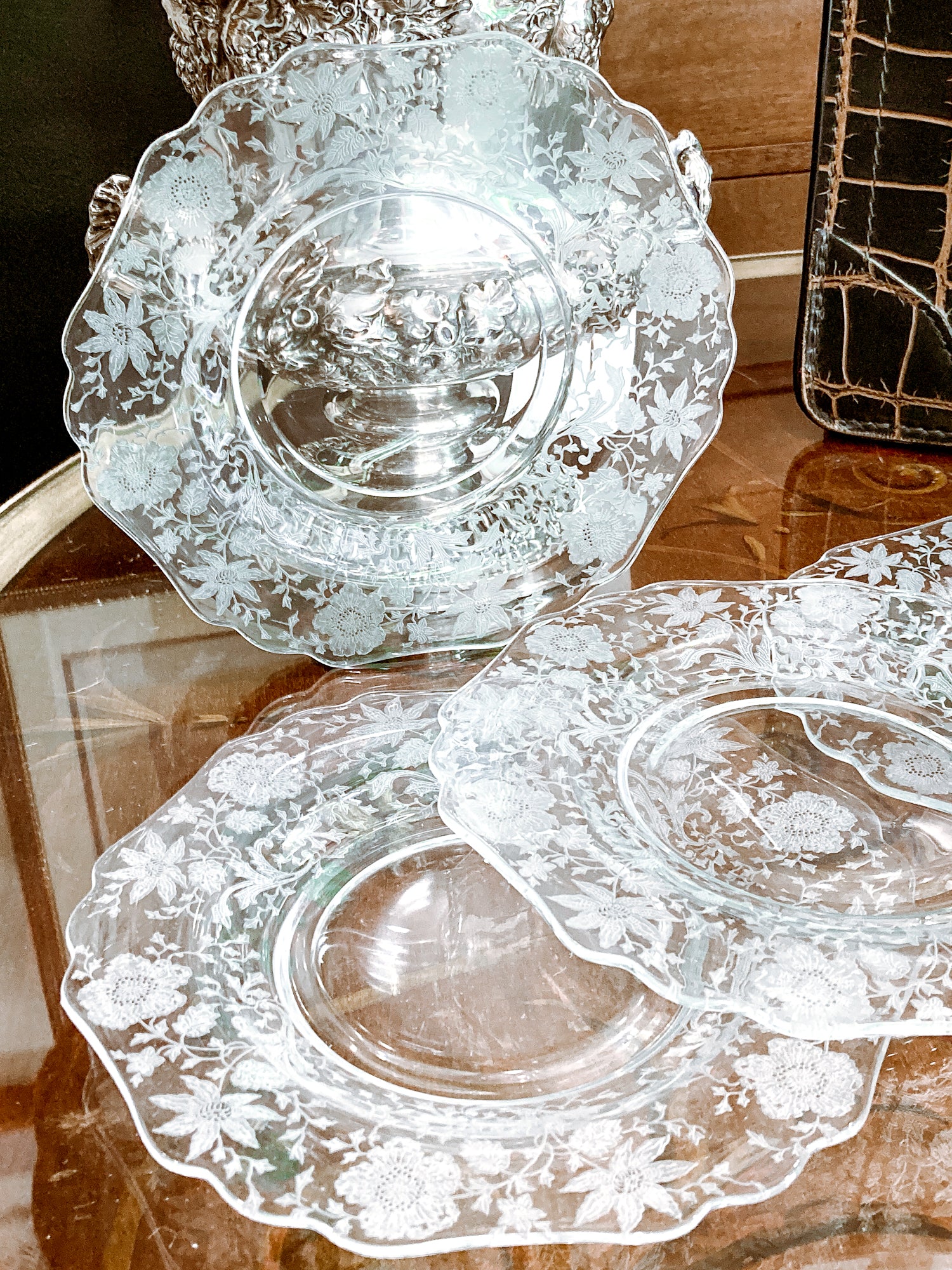 Vintage 1940s Set of Four Cambridge Wildflowers Clear Etched Glass Salad Plates