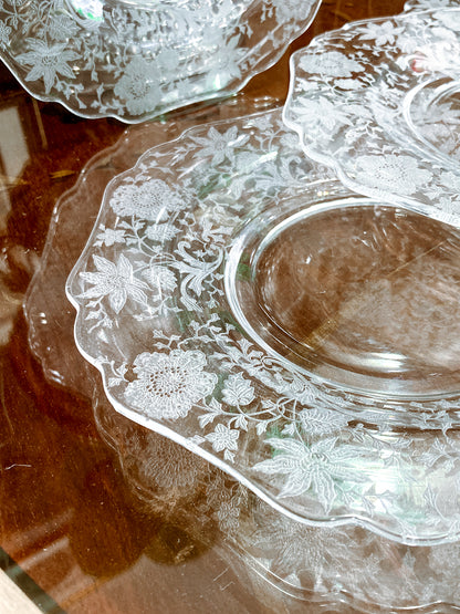 Vintage 1940s Set of Four Cambridge Wildflowers Clear Etched Glass Salad Plates