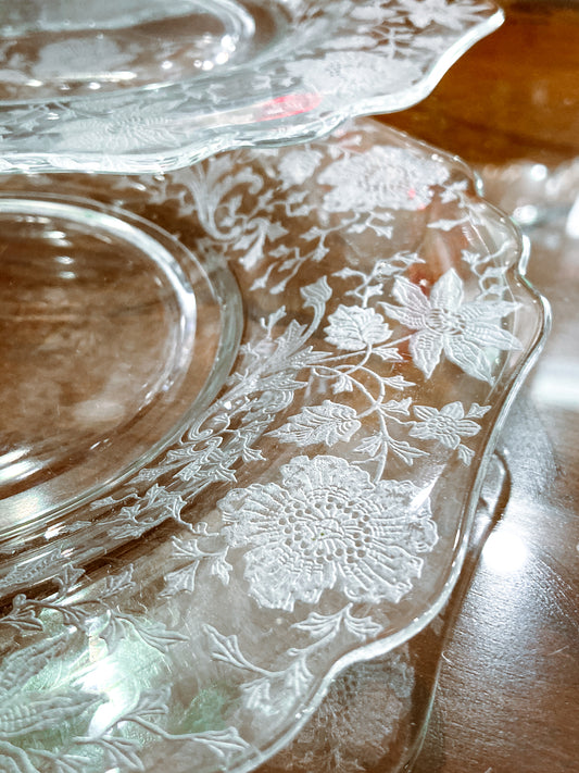 Vintage 1940s Set of Four Cambridge Wildflowers Clear Etched Glass Salad Plates