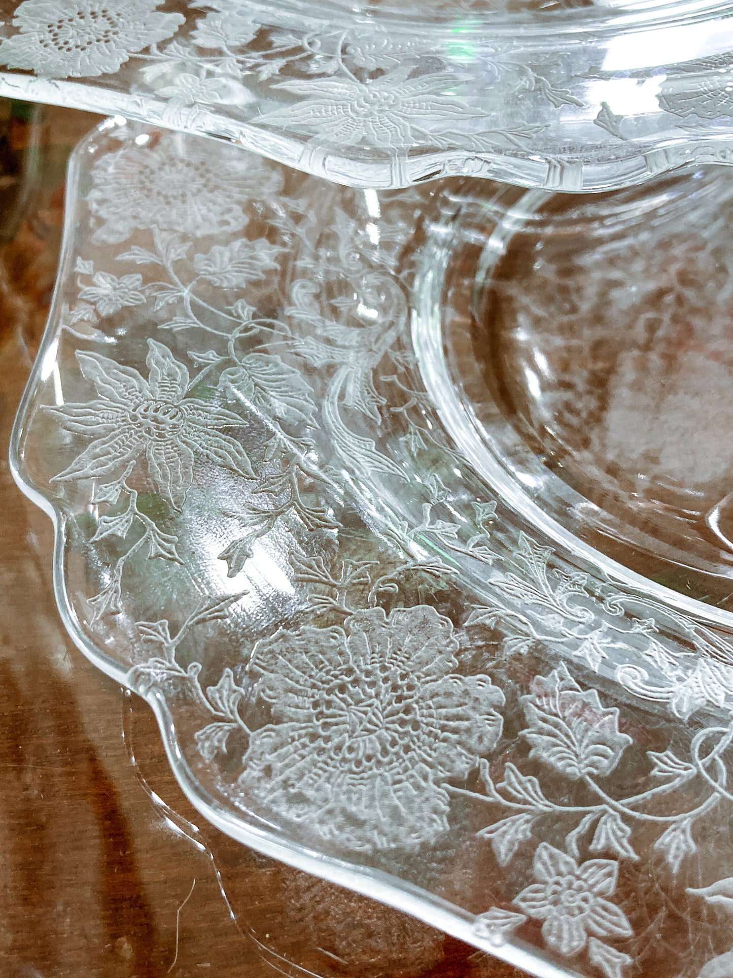 Vintage 1940s Set of Four Cambridge Wildflowers Clear Etched Glass Salad Plates