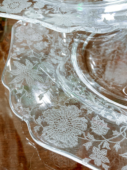 Vintage 1940s Set of Four Cambridge Wildflowers Clear Etched Glass Salad Plates
