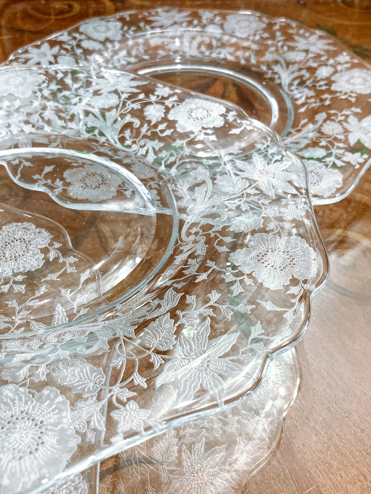 Vintage 1940s Set of Four Cambridge Wildflowers Clear Etched Glass Salad Plates