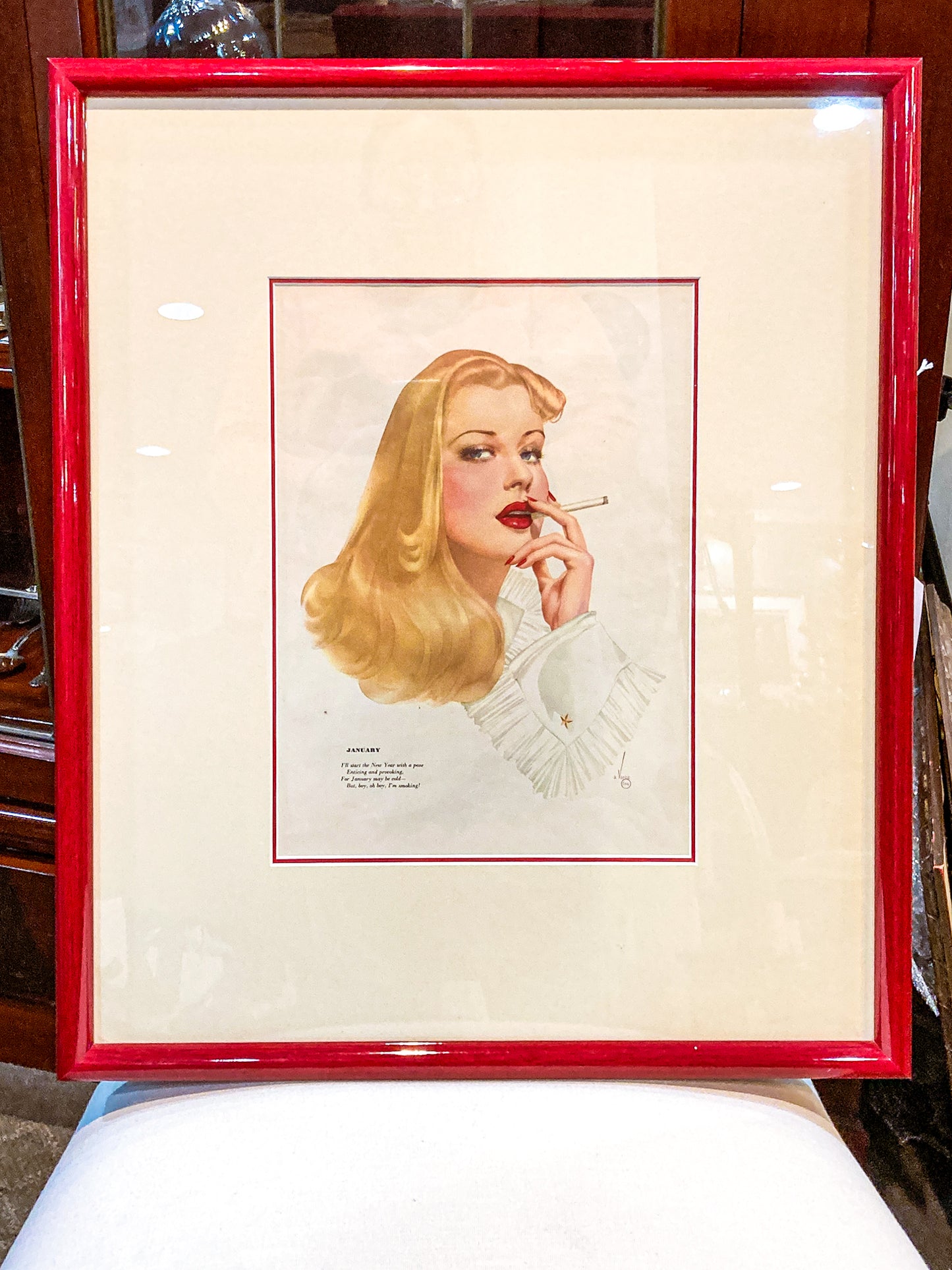 1942 January Pin-Up Girl Esquire Calendar Page Vargas Framed Illustration