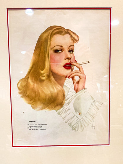 1942 January Pin-Up Girl Esquire Calendar Page Vargas Framed Illustration