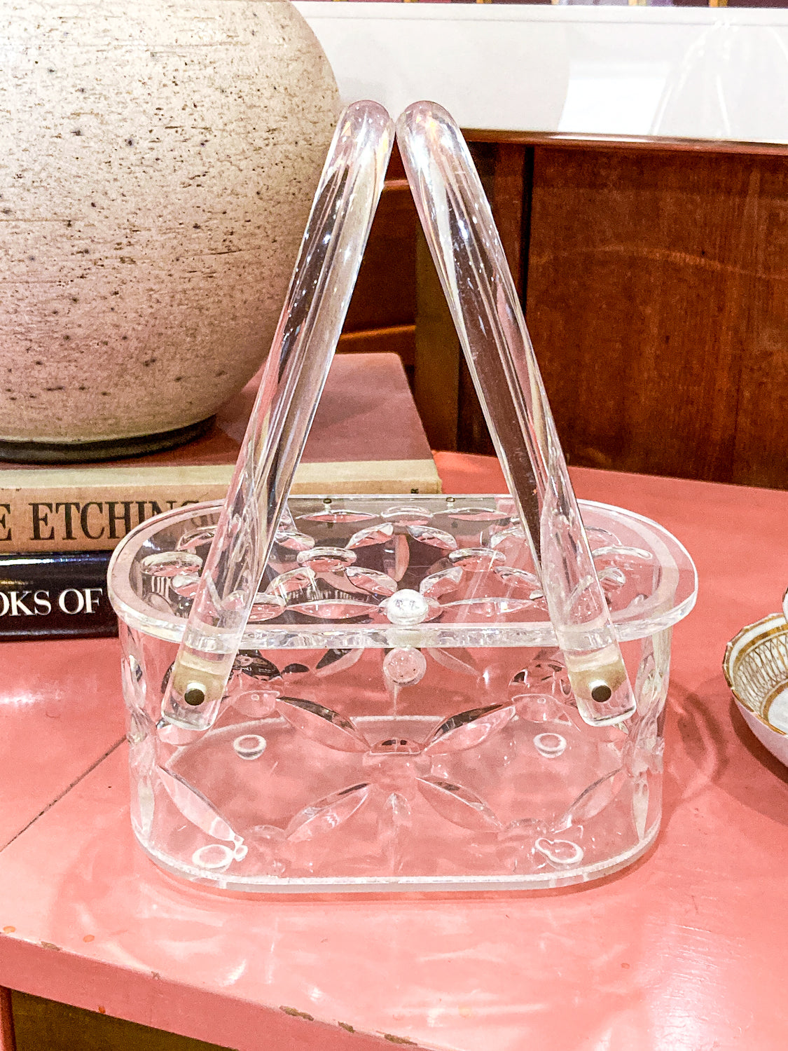 Vintage 1950s Clear Lucite Llewellyn Double Handle Basket Handbag Purse