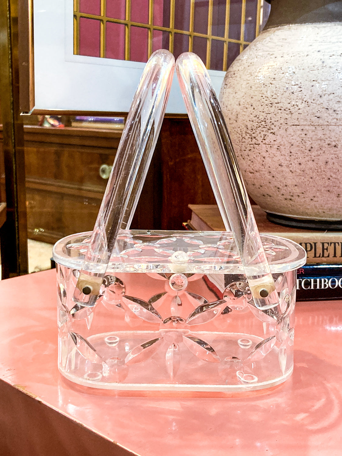 Vintage 1950s Clear Lucite Llewellyn Double Handle Basket Handbag Purse
