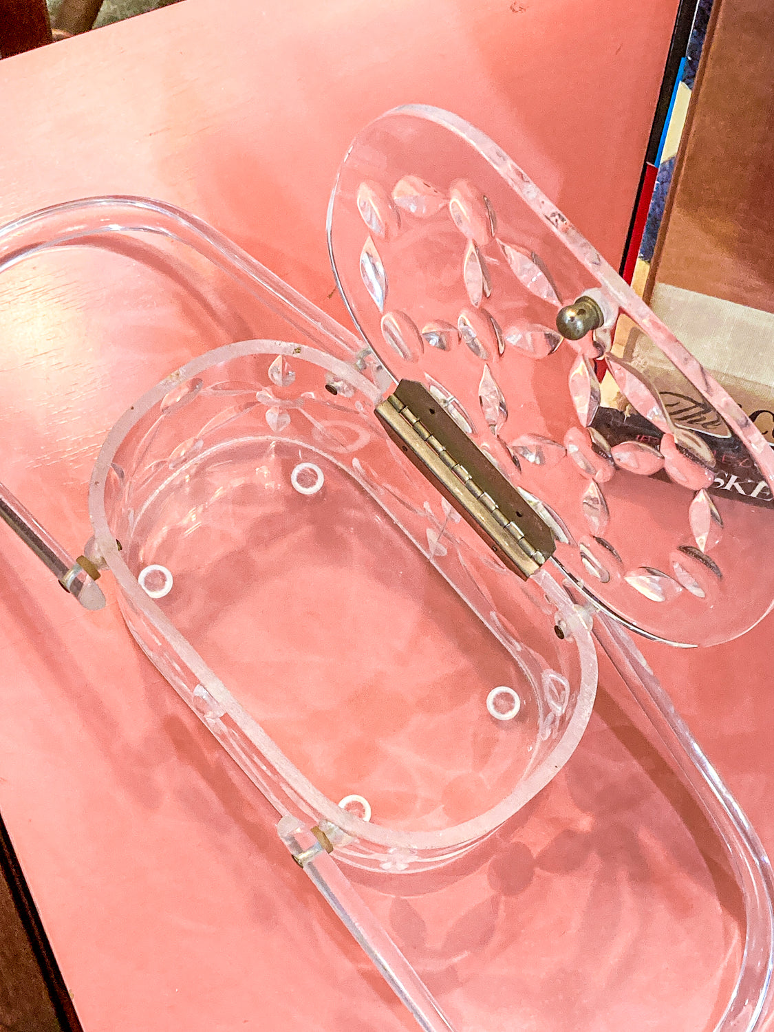 Vintage 1950s Clear Lucite Llewellyn Double Handle Basket Handbag Purse