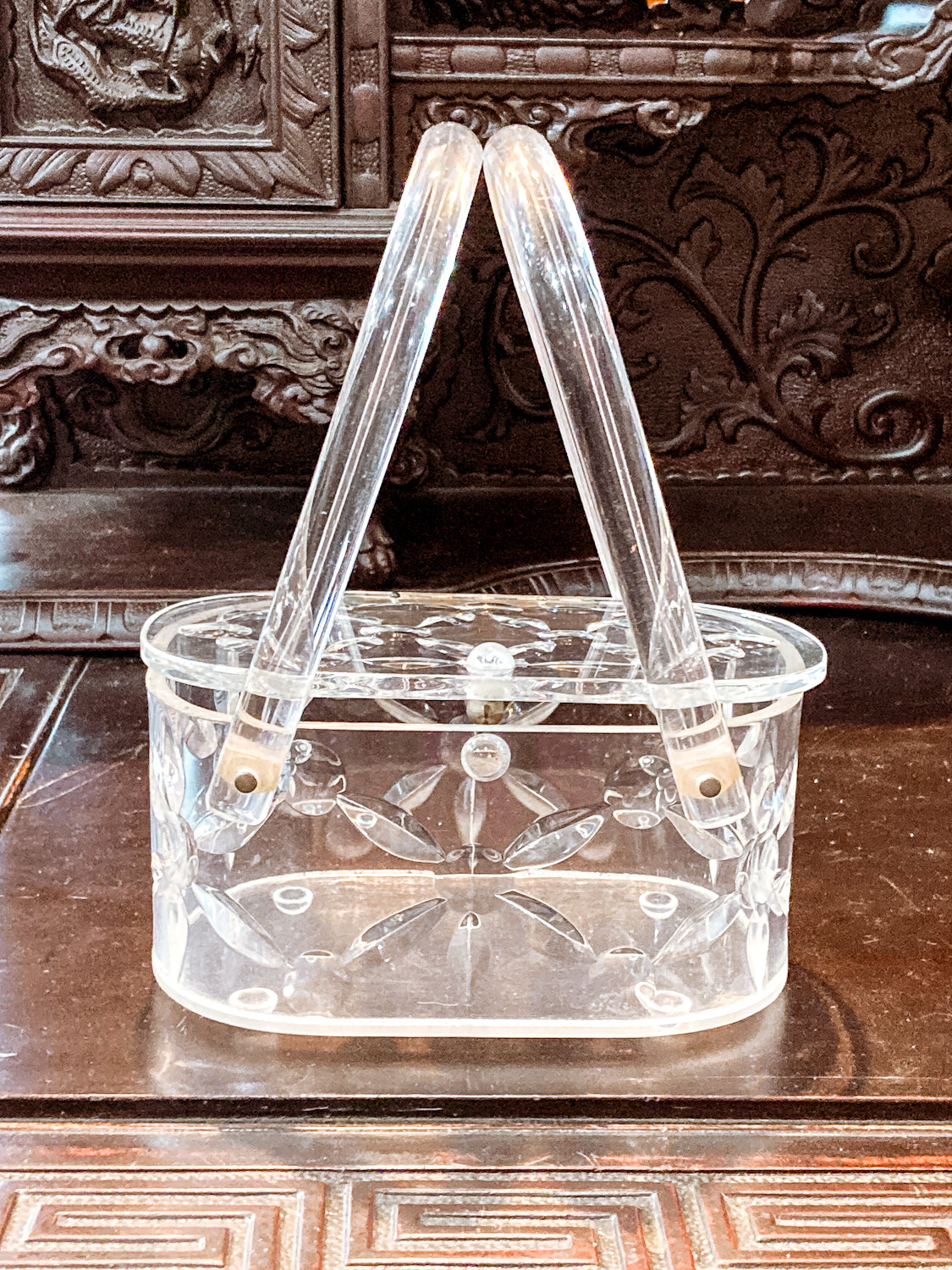 Vintage 1950s Clear Lucite Llewellyn Double Handle Basket Handbag Purse
