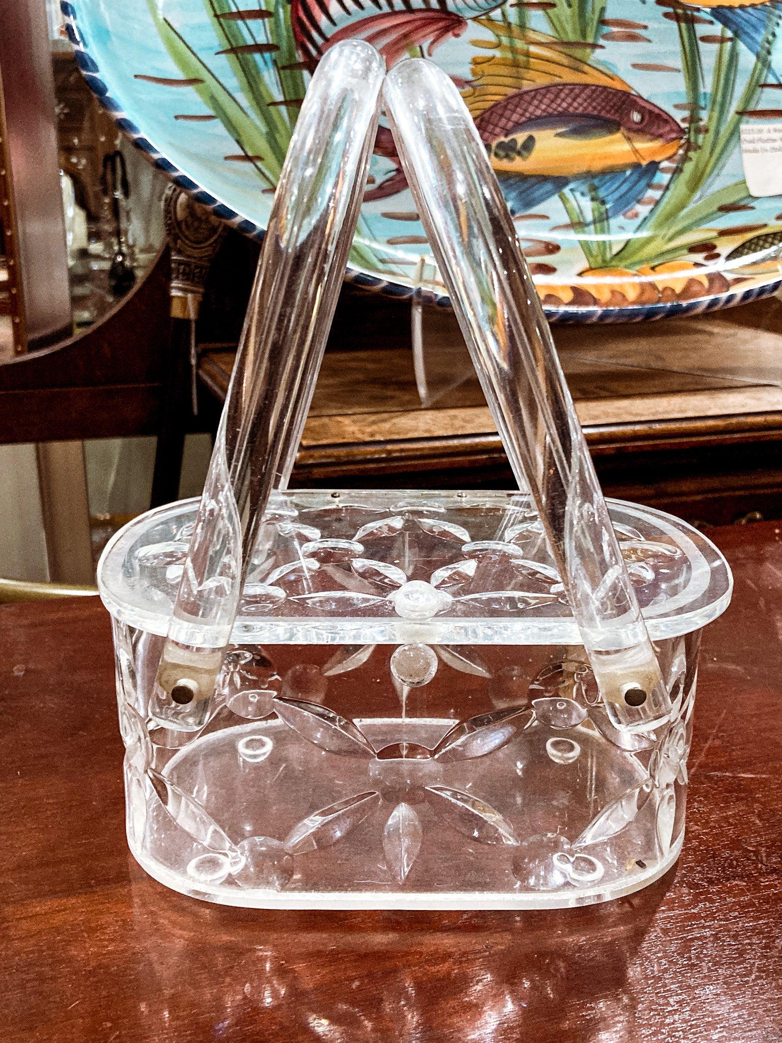 Vintage 1950s Clear Lucite Llewellyn Double Handle Basket Handbag Purse