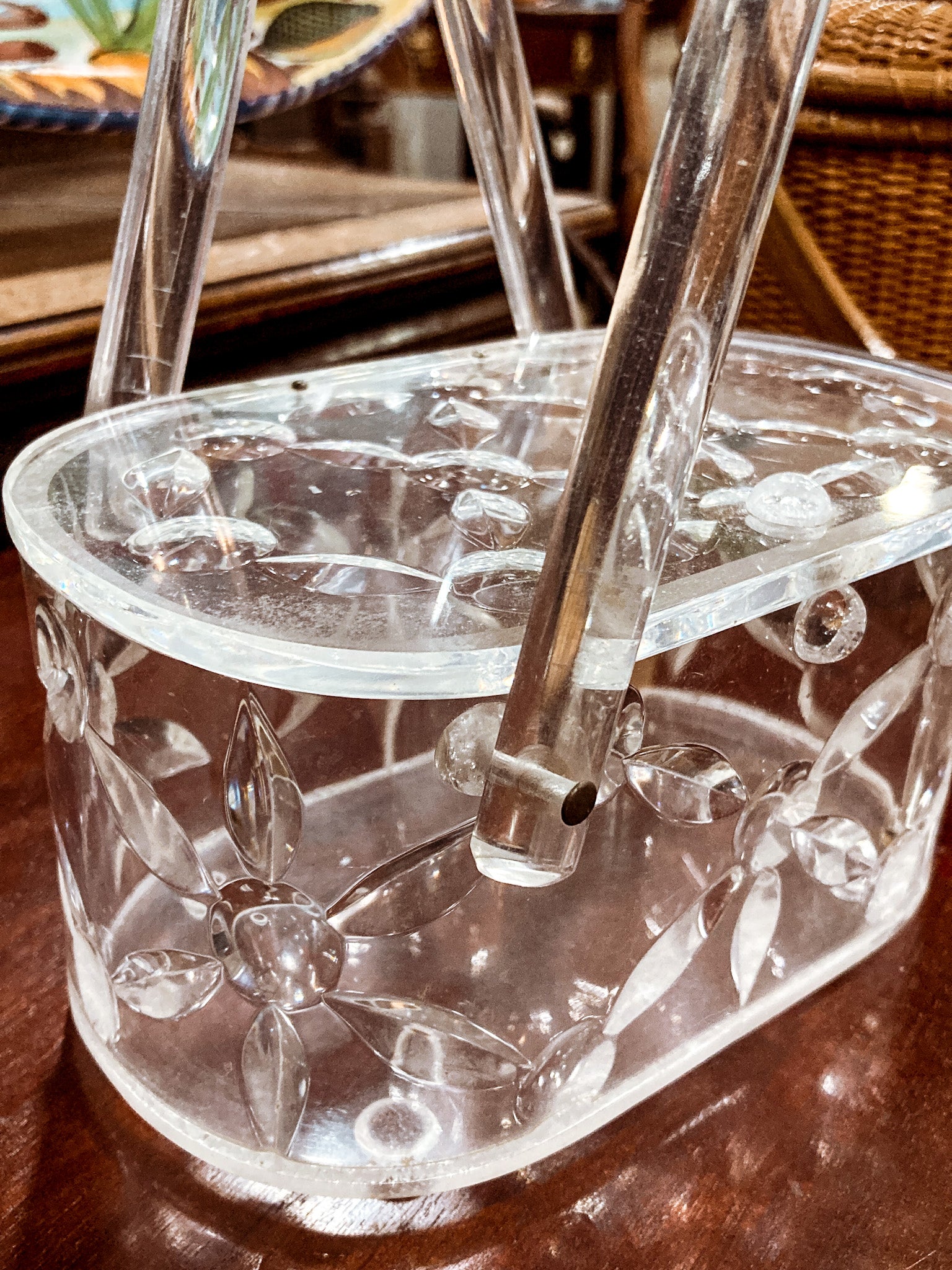 Vintage 1950s Clear Lucite Llewellyn Double Handle Basket Handbag Purse