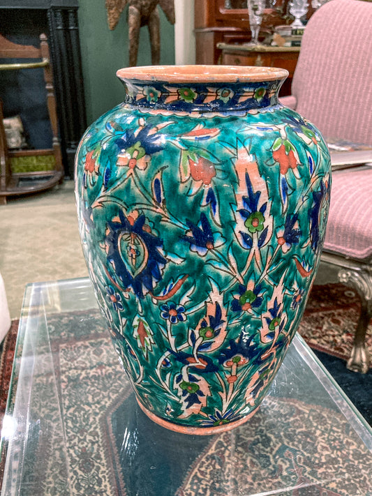 Vintage 1950's Colorful Green Floral Iznik Large Ceramic Pottery Vase