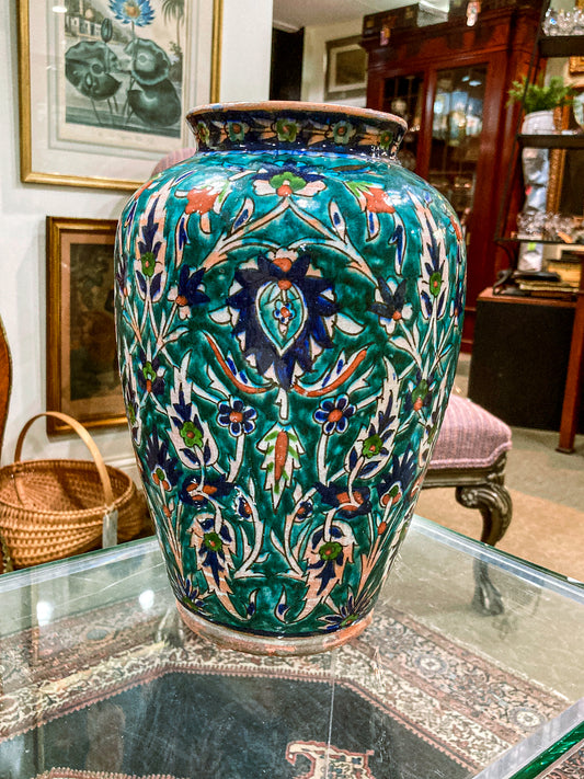 Vintage 1950's Colorful Green Floral Iznik Large Ceramic Pottery Vase