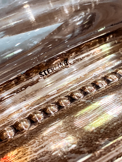 Vintage 1950s Floral Vine Motif Hand Engraved Sterling Silver Footed Base Glass Bowl