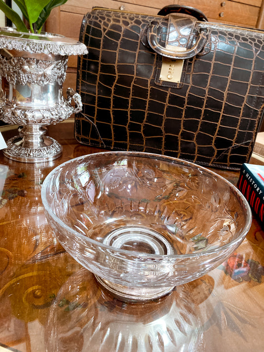 Vintage 1950s Floral Vine Motif Hand Engraved Sterling Silver Footed Base Glass Bowl