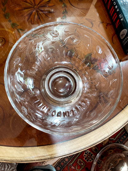 Vintage 1950s Floral Vine Motif Hand Engraved Sterling Silver Footed Base Glass Bowl