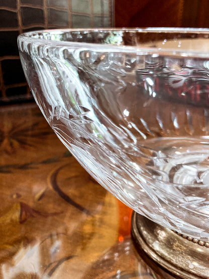 Vintage 1950s Floral Vine Motif Hand Engraved Sterling Silver Footed Base Glass Bowl