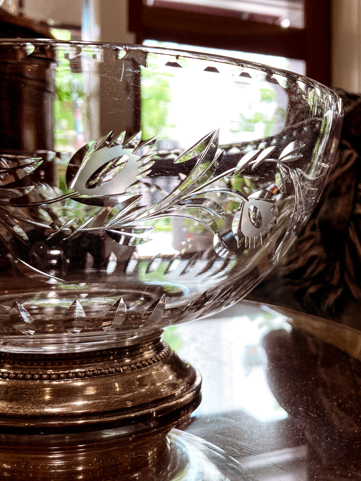 Vintage 1950s Floral Vine Motif Hand Engraved Sterling Silver Footed Base Glass Bowl