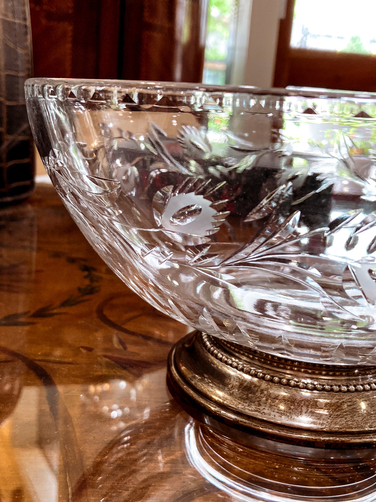 Vintage 1950s Floral Vine Motif Hand Engraved Sterling Silver Footed Base Glass Bowl