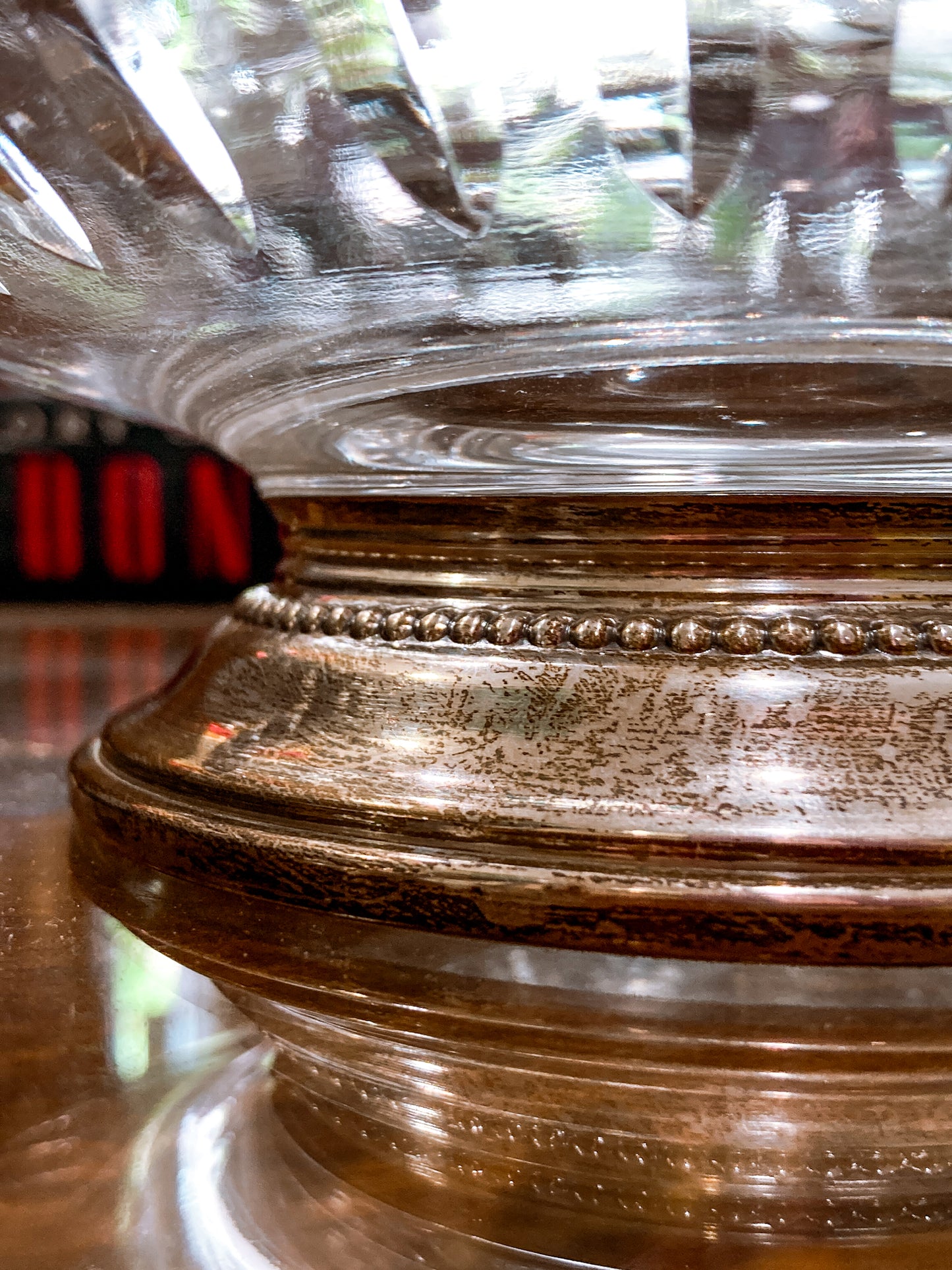 Vintage 1950s Floral Vine Motif Hand Engraved Sterling Silver Footed Base Glass Bowl