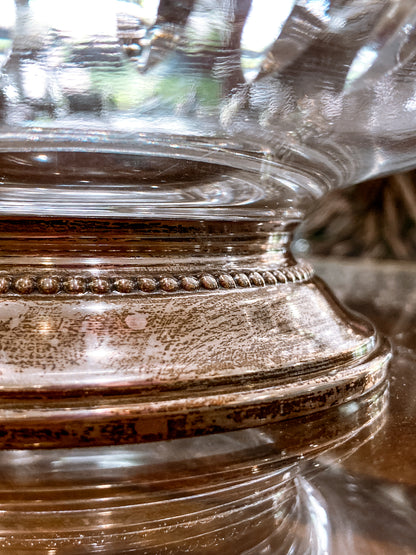 Vintage 1950s Floral Vine Motif Hand Engraved Sterling Silver Footed Base Glass Bowl