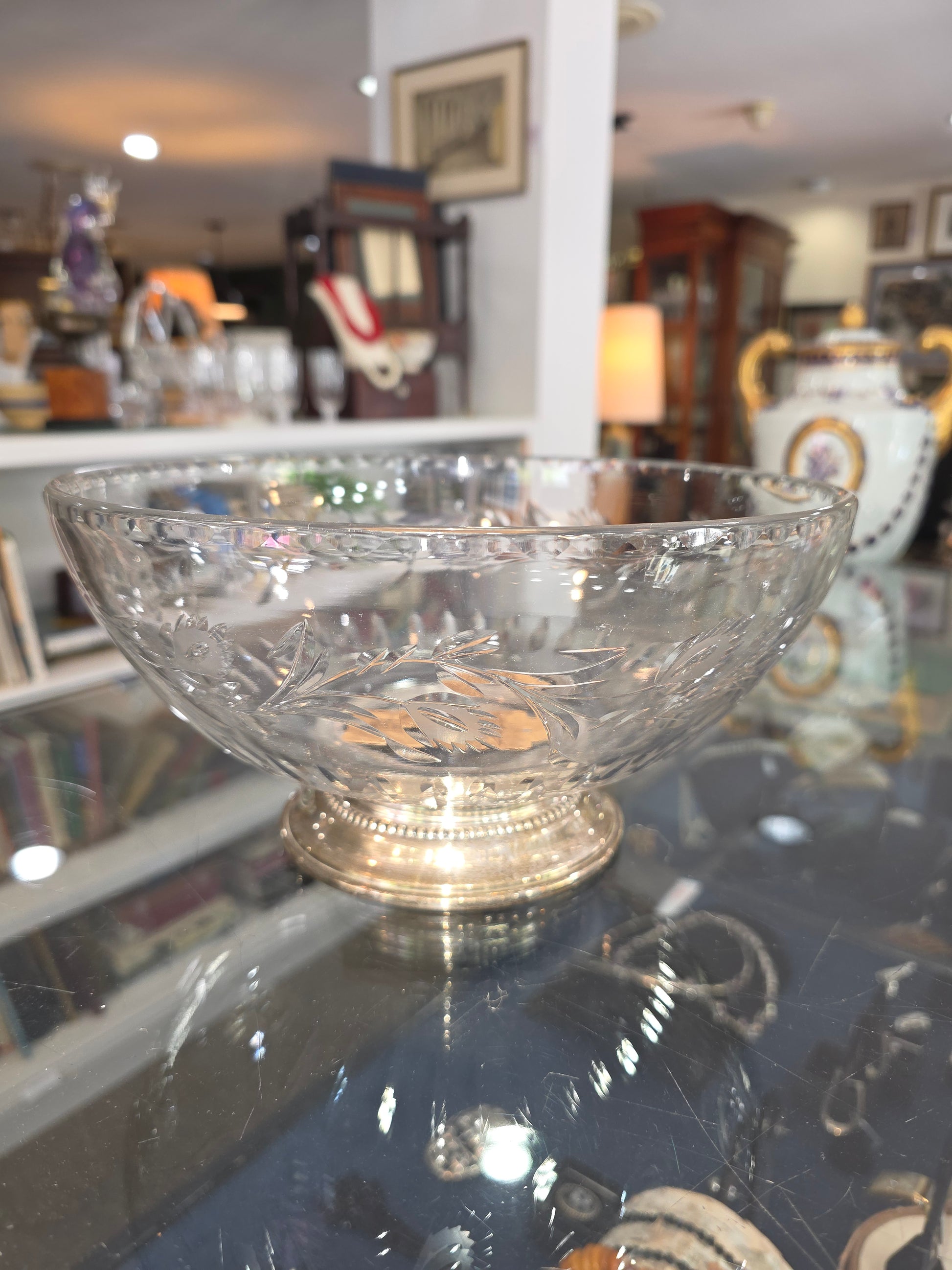 Vintage 1950s Floral Vine Motif Hand Engraved Sterling Silver Footed Base Glass Bowl