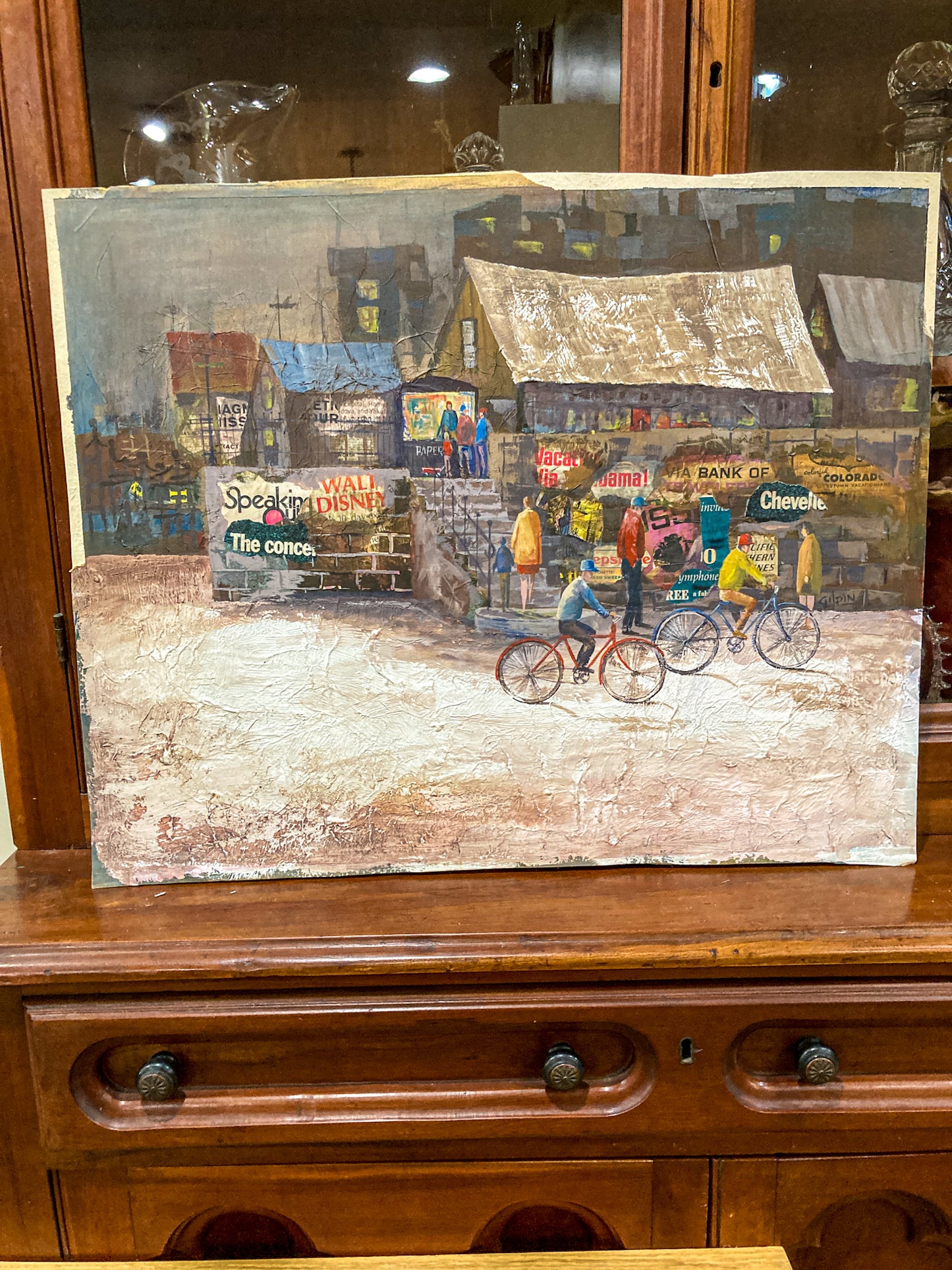 Vintage 1950s Gilpin Mixed Media Street Scene Unframed Gouache Collage Painting