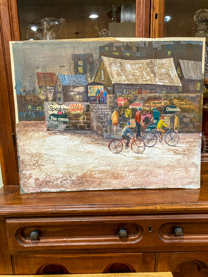 Vintage 1950s Gilpin Mixed Media Street Scene Unframed Gouache Collage Painting