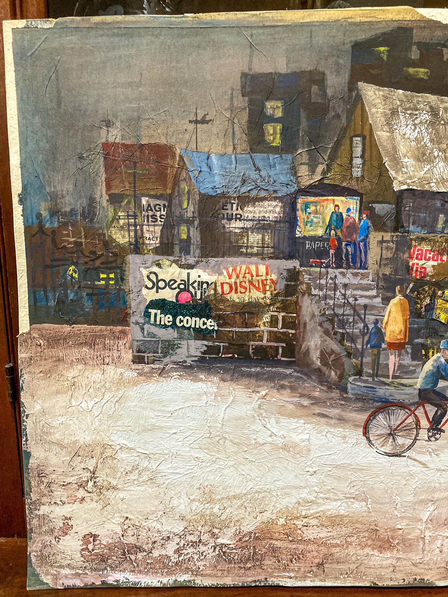 Vintage 1950s Gilpin Mixed Media Street Scene Unframed Gouache Collage Painting